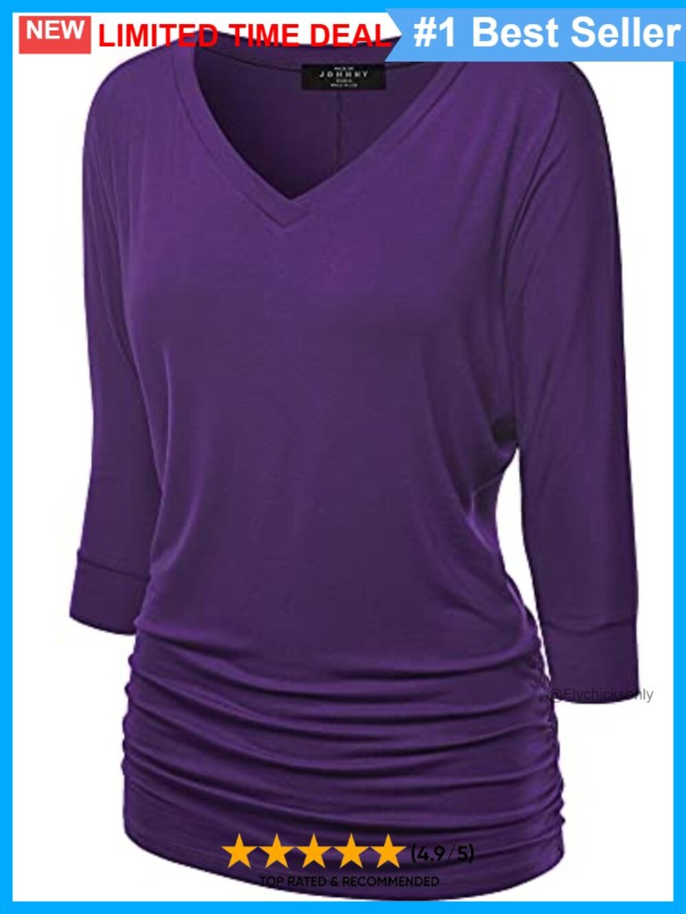 Womens V-Neck Dolman 3/4 Sleeve Draped Top Side Shirring Blouse Shirt